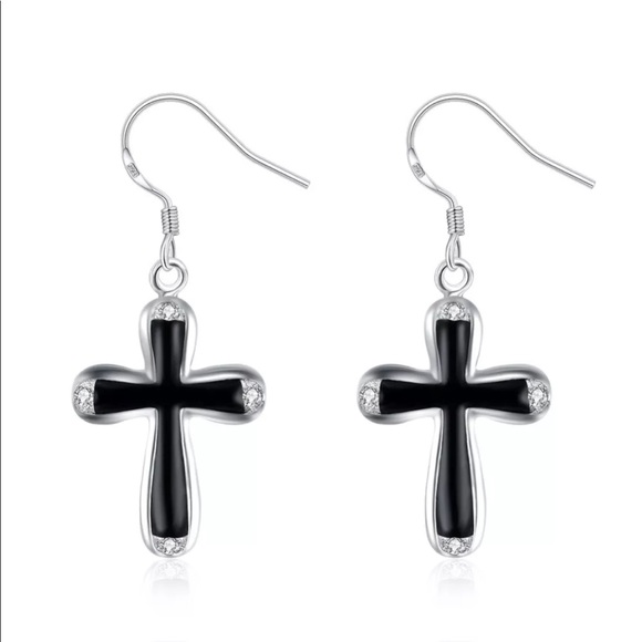 Jewelry - Black Silver Painted Cross Wire Earrings